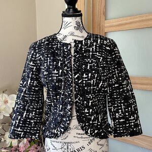 East 5th Black White Textured Open Front Blazer Jacket Small Ruffle Shoulder Pad